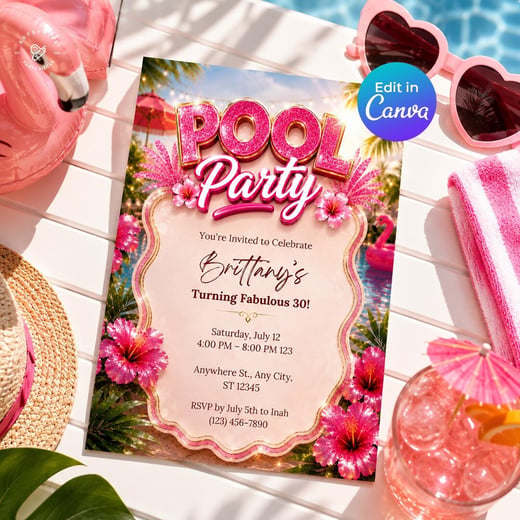 Pool Party Invitation — Pink Tropical