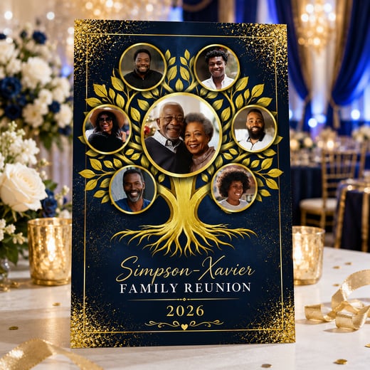Editable Family Reunion invitation template featuring a gold family tree with customizable family photos. Canva 5x7 printable invitation for annual family reunions, heritage celebrations, family gatherings, and homecomings.