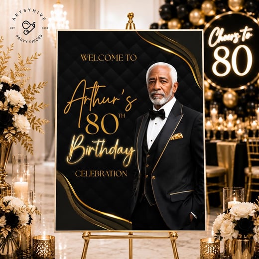 80th Birthday Welcome Sign — Black & Gold