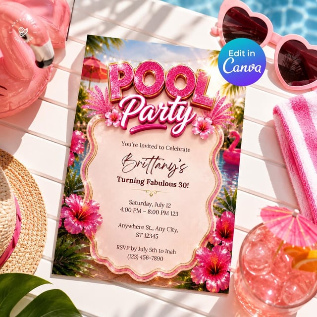 Pool Party Invitation — Pink Tropical
