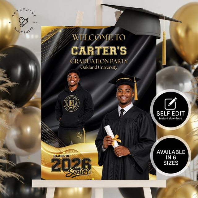 Graduation Welcome Sign — Senior Photo Poster, Black & Gold