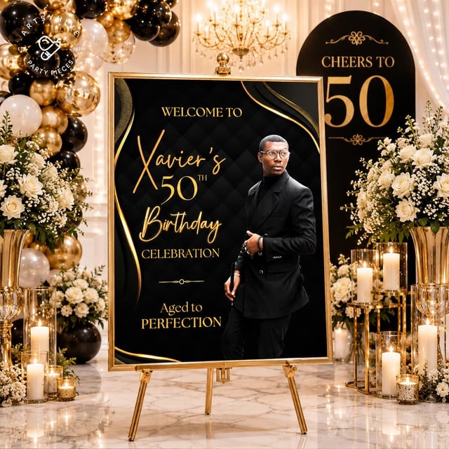50th Birthday Welcome Sign — Aged to Perfection, Black & Gold
