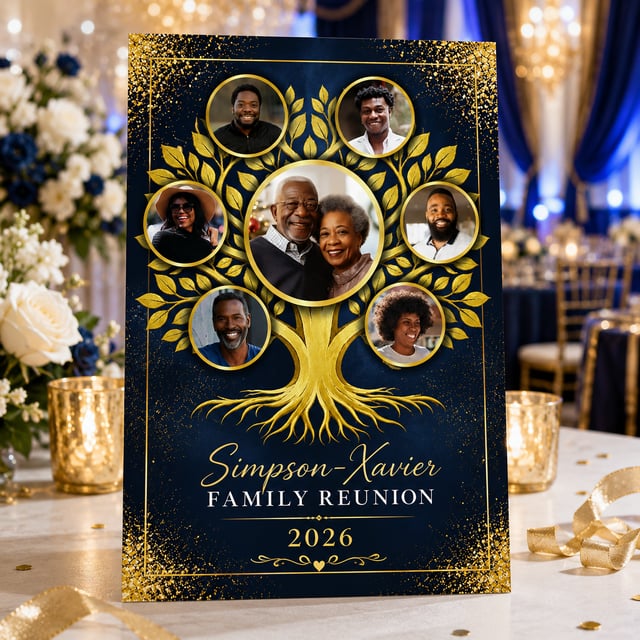 Editable Family Reunion invitation template featuring a gold family tree with customizable family photos. Canva 5x7 printable invitation for annual family reunions, heritage celebrations, family gatherings, and homecomings.