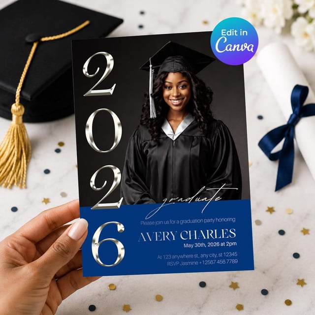 Graduation Party Invitation — Navy Blue & Silver, Class of 2026