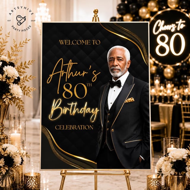 80th Birthday Welcome Sign — Black & Gold