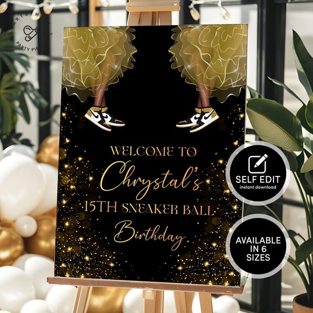 Sneaker Ball Birthday Welcome Sign — Black & Gold