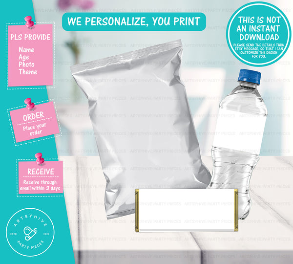 36 Personalized chip bag, water bottle & 2024 candy bars