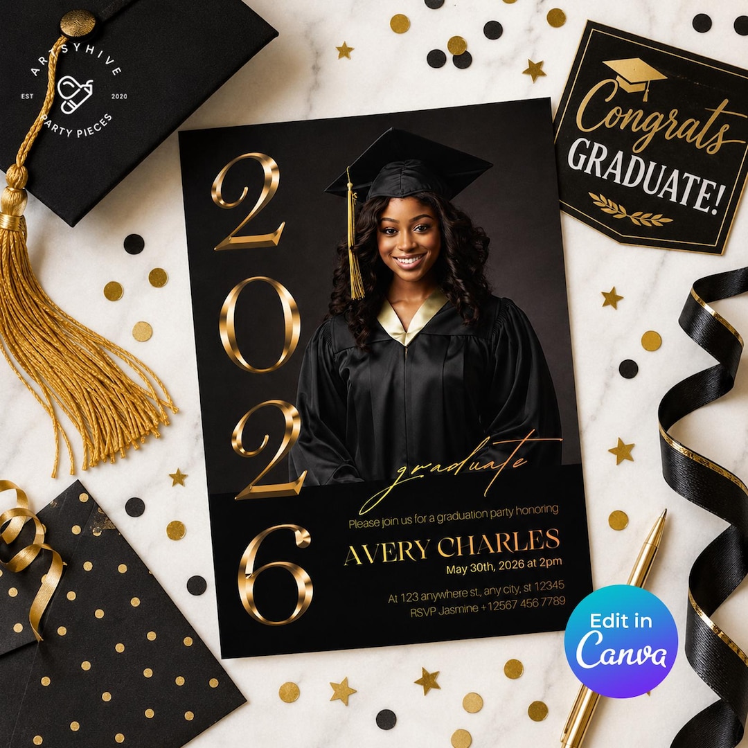 Graduation Party Invitation — Black & Gold, Class of 2026