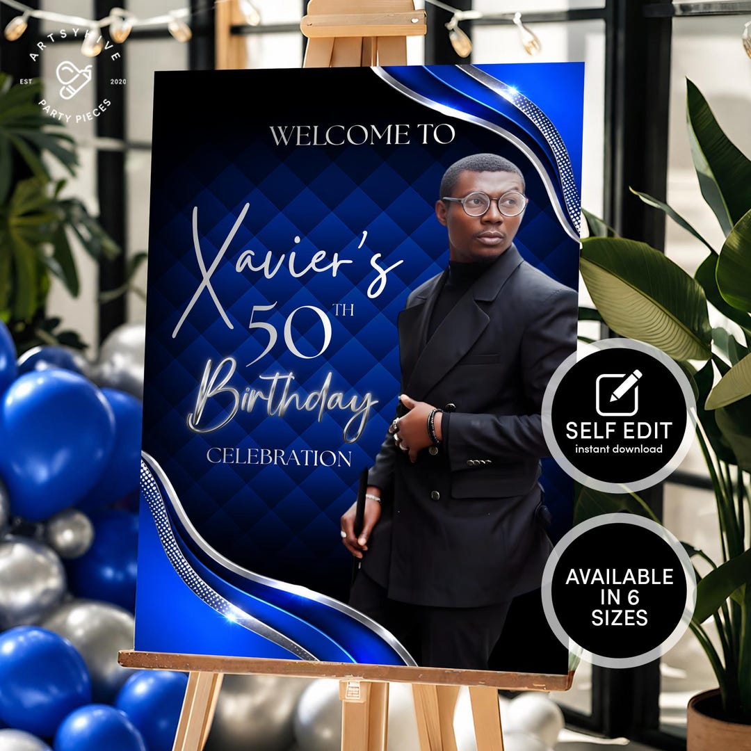 50th Birthday Welcome Sign for Men — Royal Blue & Silver