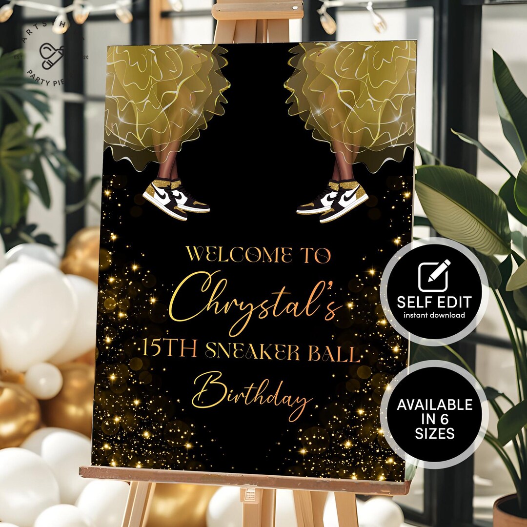 Sneaker Ball Birthday Welcome Sign — Black & Gold